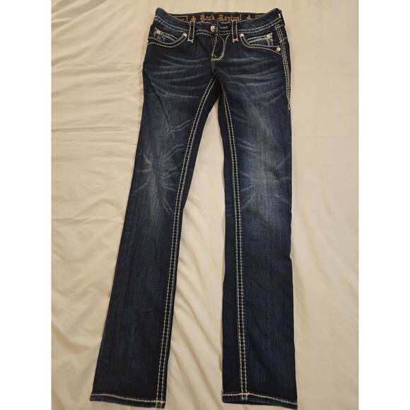 Rock Revival Women’s 26 Straight Jeans Dark Contrast Stitch Embellished Pockets - Picture 4 of 5